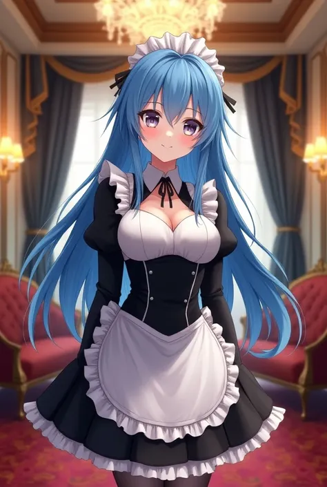 Beautifull girll, anime, big breast, blue hair, long hair, maid, use a maid suit, in hotel