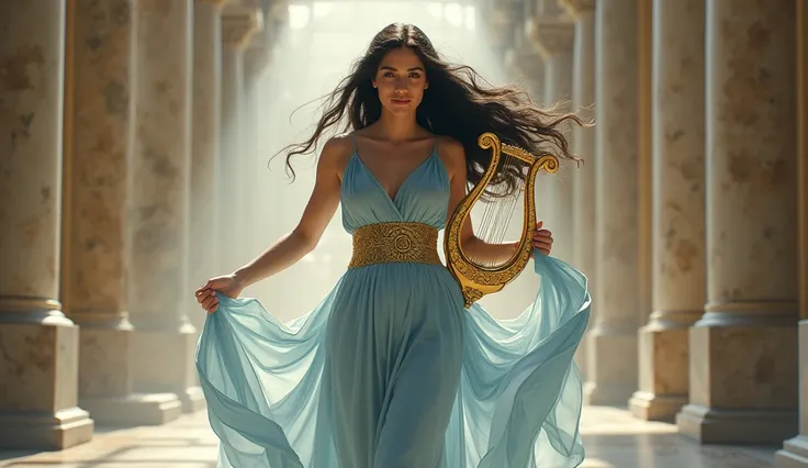 "An Olympian goddess with long, flowing dark hair, wearing a gown of pale blue that sways with each step. She holds a golden lyre in one hand, her soft smile and graceful movements embodying both power and delicate beauty as she walks toward the viewer