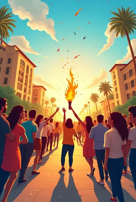  I want a very nice professional-level poster .
theme:  anniversary of the San Diego educational institution.
Reason:  torch walk contest
Message : Happiness, party and union  