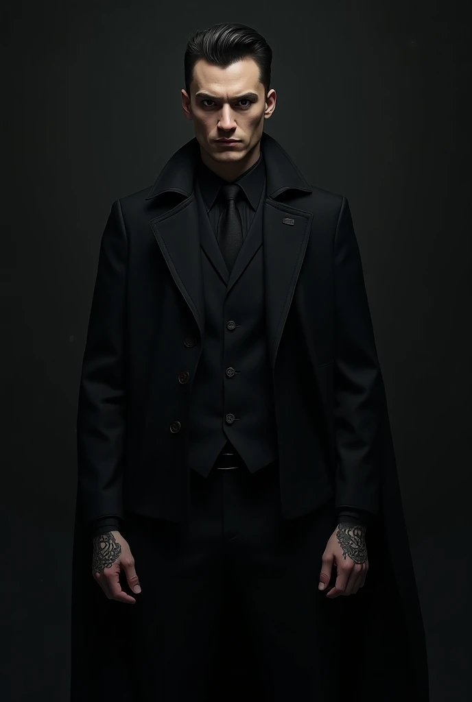  man with brown hair. in a suit. Tattoos. evil eye