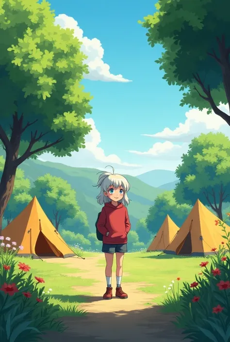 Anime dans un camping une fille 12 ans anime cheuveux châtain clair yeux bleu souria