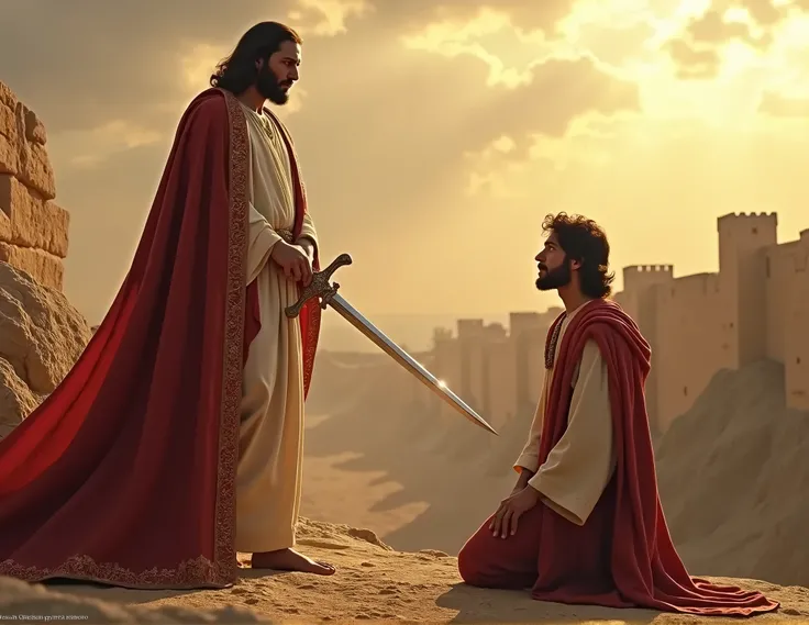 an ultra realistic image of the Prince of the Lords army, very similar to Jesus, appears with a sword in front of Joshua, Joshua on his knees, on the walls of Jericho, in biblical times, 4k, 50mm camera