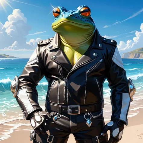 Closeup, anime art style depiction of an extremely badass anthropomorphic light blue and white bullfrog wearing an insanely cool black leather biker jacket open, black leather biker gloves, black leather biker gloves standing on a dazzling coastline, cryst...