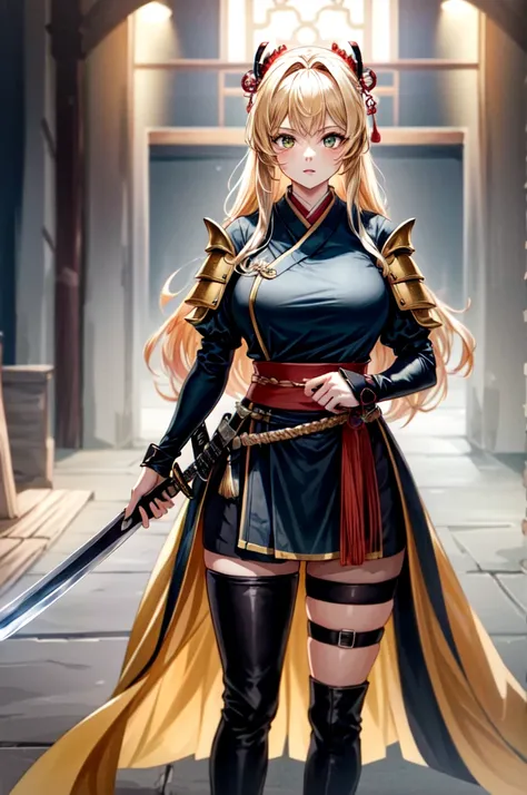 Woman in golden armor holding a sword, Female samurai with big breasts, ,  Beautiful Female Warrior ,Full Body ,  Black Hanfu  , Green eyes, Blonde girl, Long hair tied high, tight waist, five fingers,  Terrible Appearance ,  Cinematic Lighting , Clas Up, ...