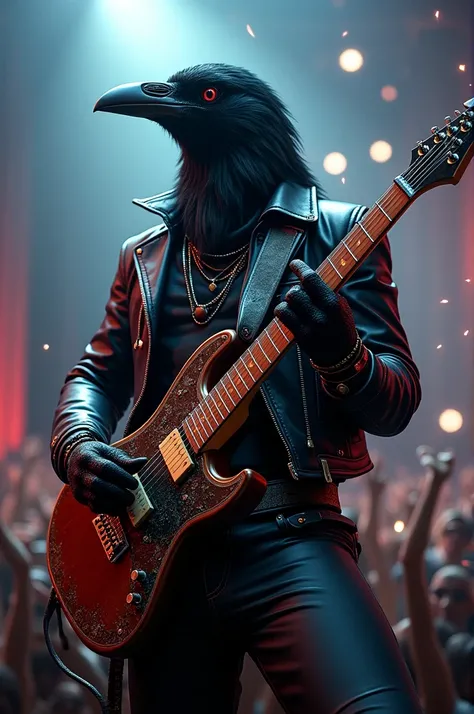 A crow playing a guitar looking like a rockstar 