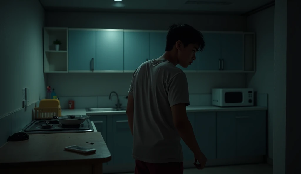 A young man from Indonesia, 20 years old , Being in a simple kitchen in the dark of night and looking for something missing, Realistic and hd photo  