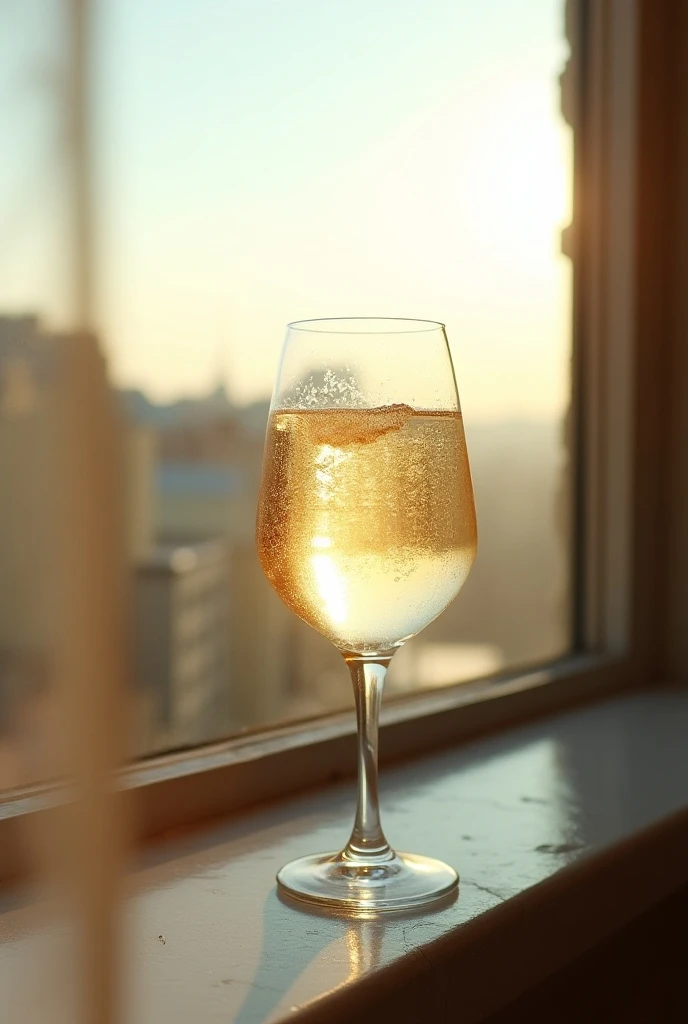 A glass of white wine that looks icy in a window on a sunny day, View from above a building 