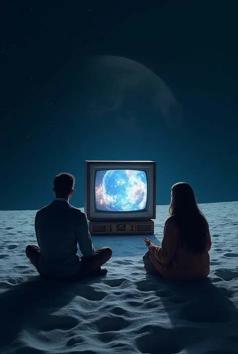 A television in the moon in which two satellite TV viewers watch