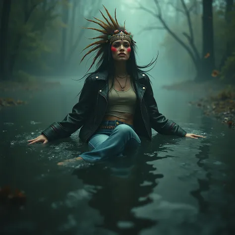 a woman in high heels and flared raw fabric jeans and t-shirt and biker jacket, drowning in bog, extremely detailed, victim of ritual, sexy posing, seductive posing for photoshoot, wearing a beautiful headdress and traditional indigenous makeup, red, green...