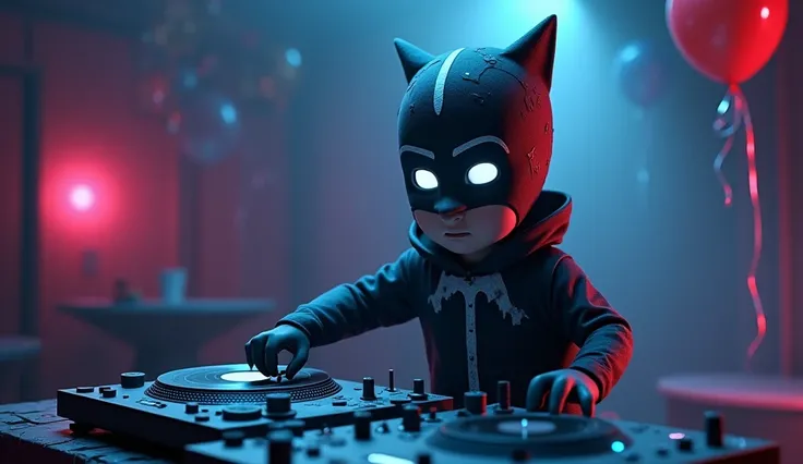 Design a 3D PJ Masks-inspired character with a dark, eerie twist, acting as a DJ in a mysterious, shadowy party scene. Give the character subtle, unsettling details, like shadowed, glowing eyes and worn, cracked textures on their suit, to add a haunting vi...