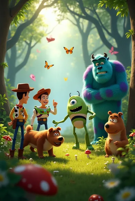 An image of a gang playing in the forest,Disney Pixar