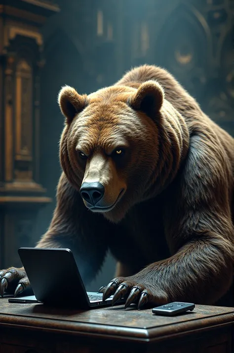 An angry grizzly bear with a scar on his face A black classic castle works on a computer and solves it on the phone 