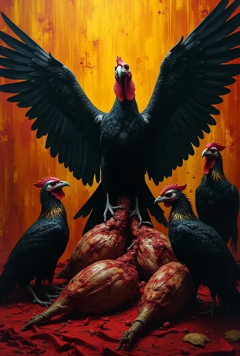 Vultures eating roosters ,  with Flamengo flag in the background