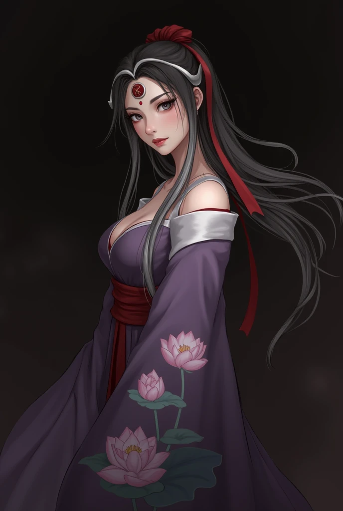  woman ,  grey eyes ,  stormy sky eyes ,  Black hair with white strands, scarlet ribbon in hair ,  white crescent pendant on forehead ,  purple hanfu with embroidered lotuses , purple hanfu ,  lotuses are embroidered on hanfu,  girl dressed in hanfu,  hanf...