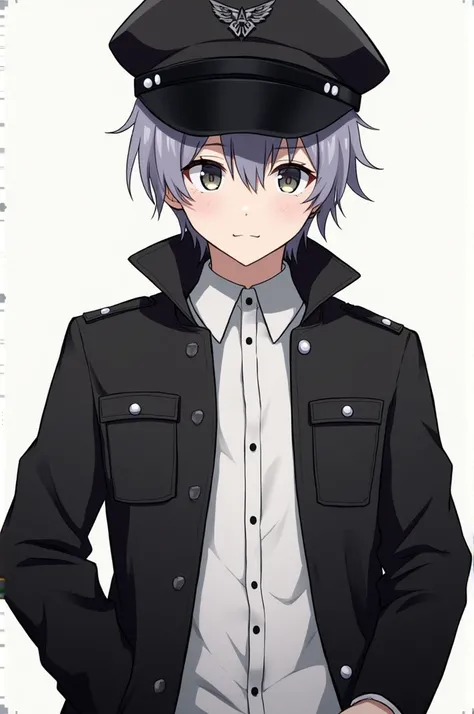 Reg.
An anime wearing a black jacket, a black army hat, and a white shirt