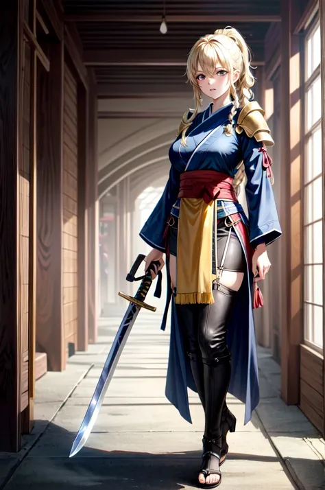 battlefield,  Woman in golden armor holding a sword, Female samurai with big breasts, ,  Beautiful Female Warrior ,Full Body ,  Black Hanfu  , Green eyes, Blonde girl, Long Braid , tight waist, five fingers,  Terrible Appearance ,  Cinematic Lighting , Cla...