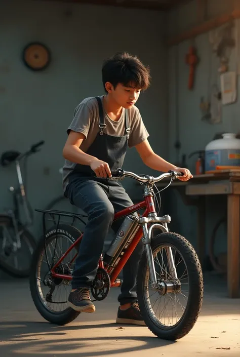 Create a story where a boy is working in a bike garage, utilizing LPG gas for bikes. Explore how he discovers a unique way to enhance bike performance using this unconventional fuel source.