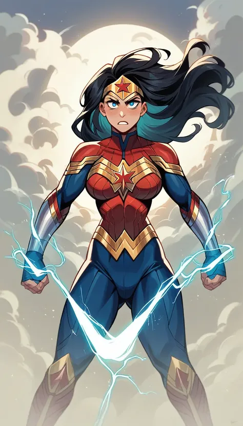 Wonder Woman and Captain Marvel are in an epic battle atop a skyscraper, with the skies filled with lightning and explosions. Wonder Woman wields her shield and sword with strength, while Captain Marvel uses her cosmic powers, emitting glowing energy from ...