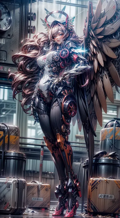 scantily clad，(very_large_mechanical_wings:1.5), Thick mech，In pink，red colour，black in color，white colors，purpleish color，Lots of detail，Mix and match，metalictexture，Ruined city，Dirty streets，Combat damage mech，Full body like，Huge bust，Take to the skies，nakeness，Large amounts of colored liquid, solo, angel, halo, war, dynamic pose,bad_pictures
