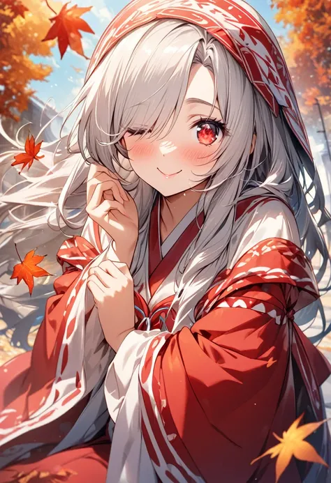 (Best Quality, ), Beautiful woman (One eye is red:1.2), elements. well-groomed face、Happy expression、Red face、The figure of a red shrine maiden 、 Silver Hair、 Red Eyes、 cute expression ( eyes heart 、 close one eye 、Looking up、Red face)、Long Hair, shooting ...