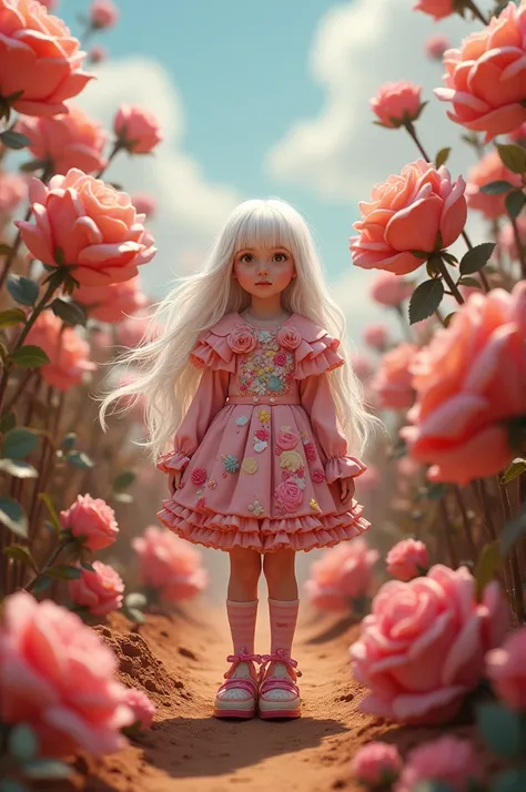 White haired girl dressed in candy suit inside rose-shaped chocolate field