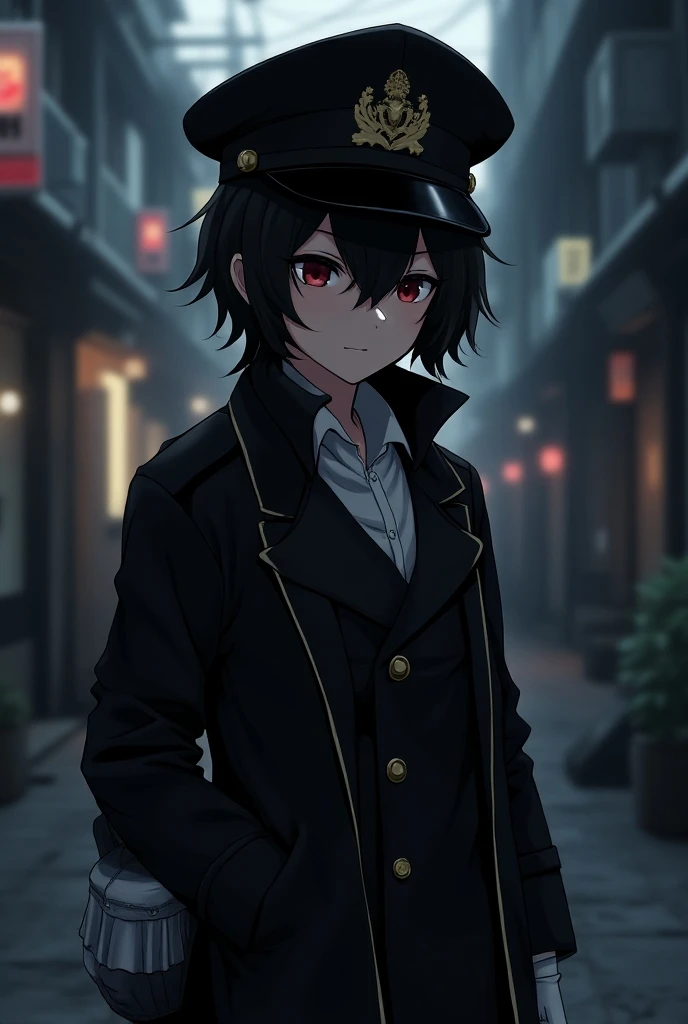 Reg.
 An anime wearing a black jacket, a black army hat, a white shirt, black hair and white leather