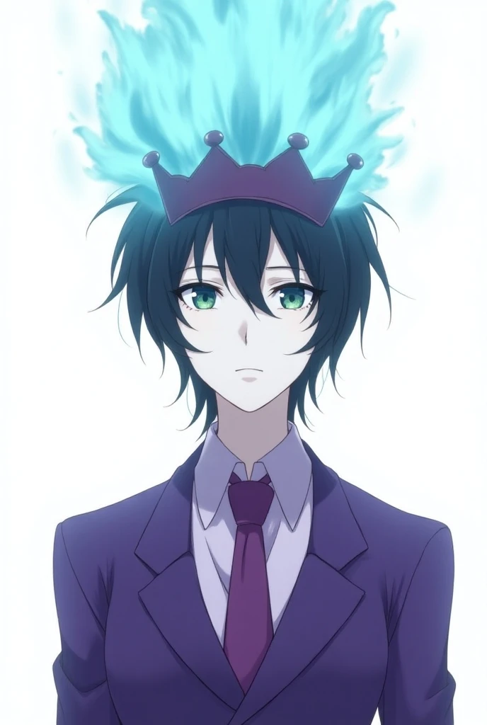 Slightly serious anime boy with white skin , purple clothing with tie   ,  black hair with a purple crown on his head.   Fire blue-green on his head white background  