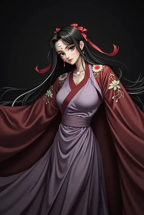  woman ,  grey eyes ,  stormy sky eyes ,  Black hair with white strands, scarlet ribbon in hair ,  white crescent pendant on forehead ,  purple hanfu with embroidered lotuses , purple hanfu ,  lotuses are embroidered on hanfu,  girl dressed in hanfu,  hanf...