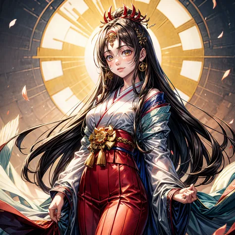 masterpiece,highest quality,Ultra high definition, Amaterasu, Japanese mythology, sun goddess, noble woman, Amaterasu, shining attire, sacred atmosphere, Ama-no-Iwato, beautiful nature, divine light, white and red kimono, long, black straight hair, （light ...