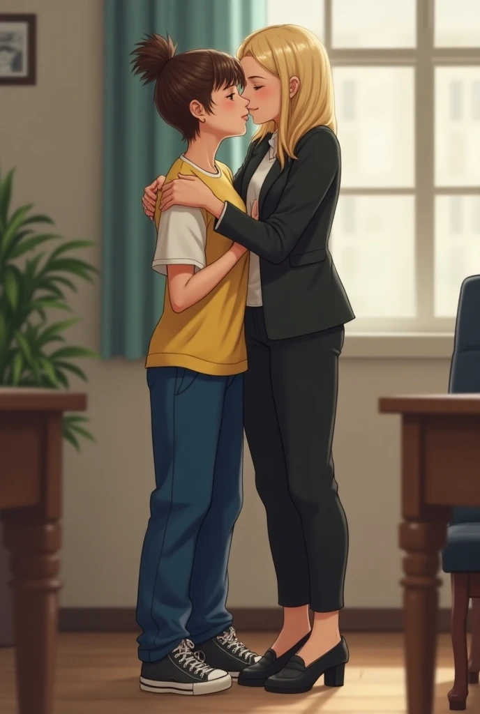 A student in uniform whose pants are made of blue fleece ,  the short sleeve and yellow t-shirt with white half sleeves and black sneakers 
With brown hair and tied up,  medium and skinny height giving a sweet kiss to a teacher who has straight hair ,  blo...