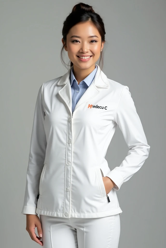 
 • I want a uniform for administrative staff of businesswomen who sell medical devices ,  let the outfit be casual , convenient,  that is not hot .  that has long sleeves and has a padded vest with zippers on the sides and the vest that has the Medecu C c...