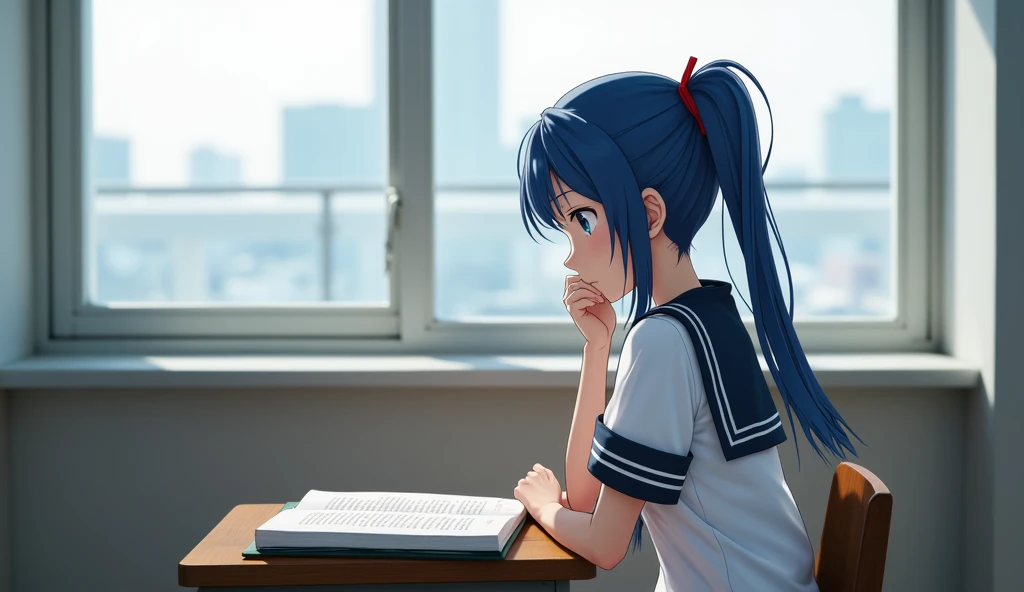  Please make a Japanese high school girl。Hairstyle：Ponytail with bangs、Hair Color：blue、Eye colour：Navy Blue、Skin color：White、height：150㎝、body：Big Breasts、clothing： red ribbon sailor suit 、situation：During class、age：、place：2nd floor window seat 。 picture of...