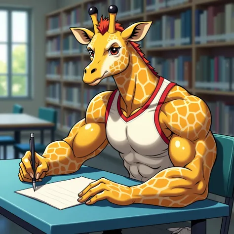 A yellow muscular giraffe furry jock sits in a blue chair at a library table, writing with a pen on a piece of paper in the anime style 