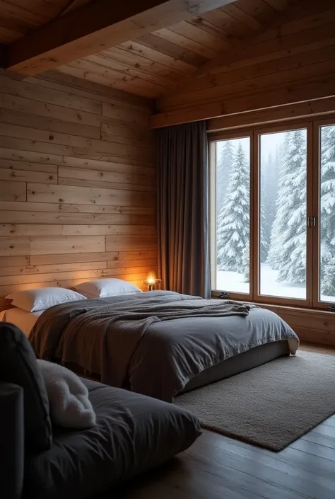 full image of a room made of wood, walls are plans and a little dark colour is there, a bed for two people in the middle of the room. a little dark color bed shit and pillow covers are there. a comfortable warm blanket is on the bed. On the right wall of t...