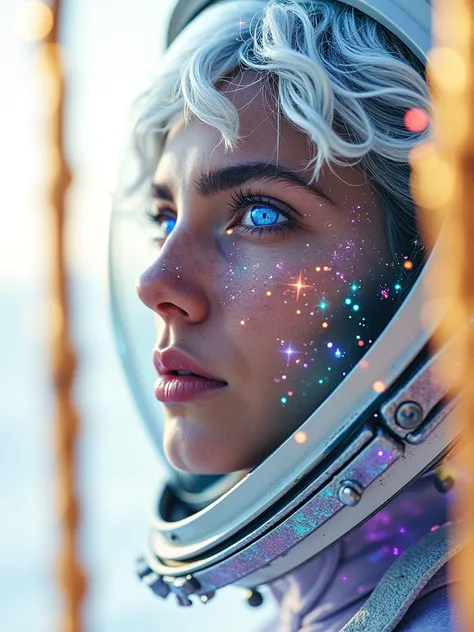 (Close-up of a better masterpiece:1.5)0.9], (Space and astronauts:1.2) (Messy silver hair:1.1) (Heterochromia xanthochromia and blue eyes:1.2) (Space Helmet:1.0) (Colored stars in the eyes:1.0) (A radiant glow:1.1) (thick lips:0.9)