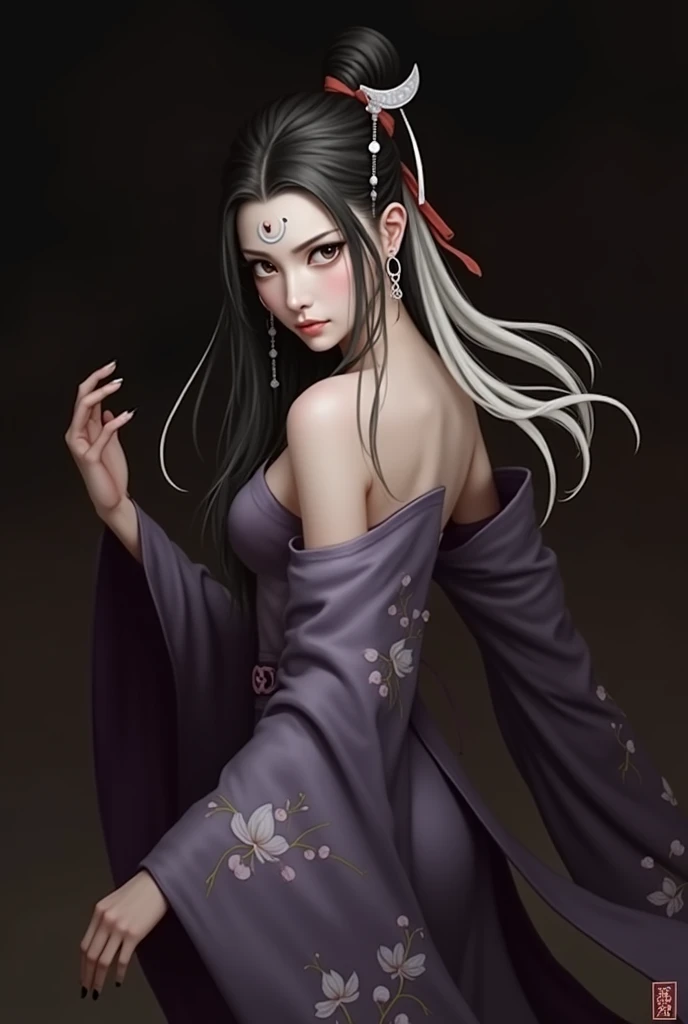  woman ,  grey eyes ,  stormy sky eyes ,  Black hair with white strands, scarlet ribbon in hair ,  white crescent pendant on forehead ,  purple hanfu with embroidered lotuses , purple hanfu ,  lotuses are embroidered on hanfu,  girl dressed in hanfu,  hanf...