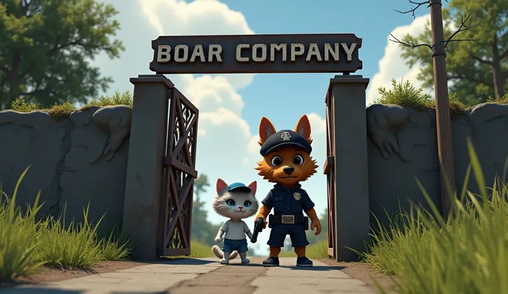 Style: Realistic, cinematic, action, sharp concept art. Details: the dog police and the kitten stand alert by the old big iron gate, BREAK, a gun in hand of the dog police, BREAK, " Boar Company" old company sign. Characters: The dog police, kind labradood...