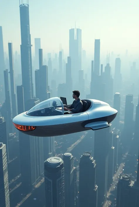 A programmer sitting at a computer in a flying car is a view of a city from the future and it is written IT eating flying building flying cars 