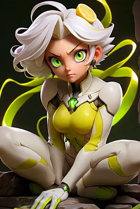 Anime The best quality ,  buluminous muscular masterpiece ,  lower upper body ,  woman sitting with knees raised off the floor, ,  white hair   ,  glowing eyes , bright lemon-green exoskeleton costume,  , rulo de  white hair  azulado  extrovertido.