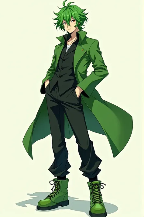 Create the character with green hair green coat a black blouse a pair of pants the green shoe anime version mens version