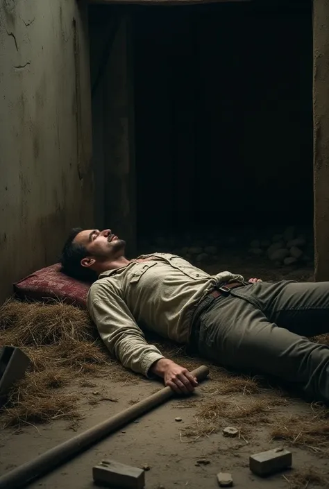 A man lies in an abandoned pigsty with a stoh