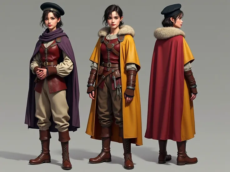 concept art, realistic 3D characters —  ( stands full length from head to boots )  from the Renaissance — noble young beauty — Spanish.  With short, neatly styled hair  .  Beautiful noble face with freckles  .  Black noble Spanish womens beret with one blu...