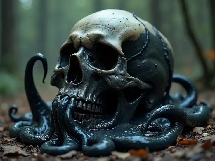 Shapeless black slime devouring a human skull, threatening, monster, surrealist, dark fantasy, dramatic light, by Aitor Throup, forest at dawn