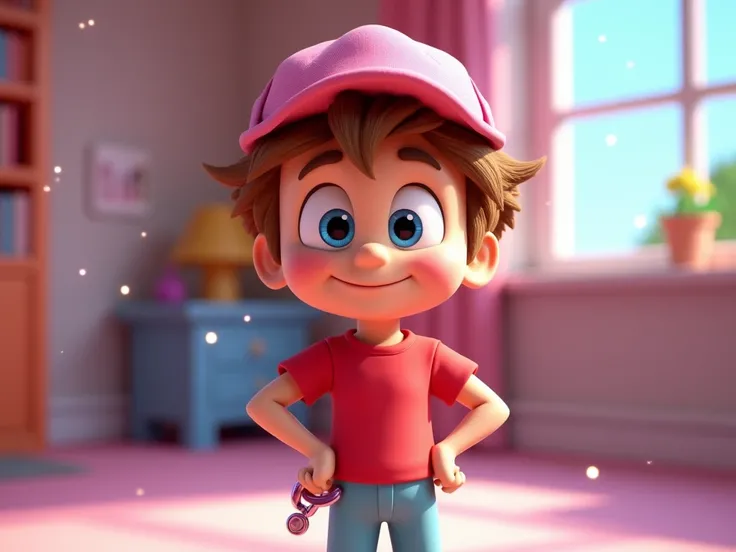 A highly detailed 3D-rendered image of Timmy Turner from The Fairly OddParents, with his signature spiky brown hair and large, expressive blue eyes. He’s wearing his classic red shirt, pink hat, light blue pants, and his iconic smile. Timmy stands in a pla...