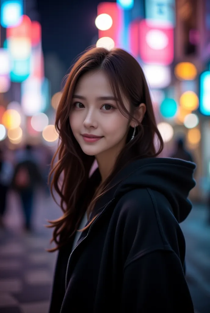 a cinematic portrait of a young east-asian woman with long, slightly wavy hair, wearing a dark hooded jacket. she stands in a vi...