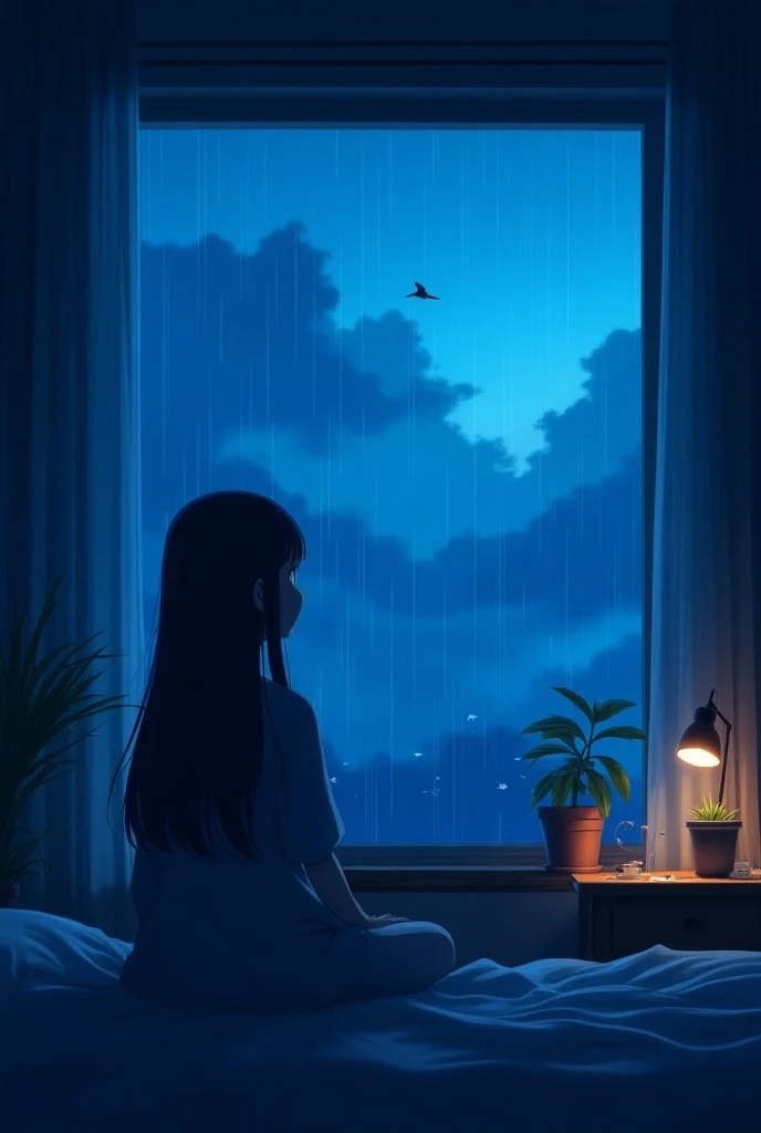 
“Digital art of a serene, melancholic night scene with a silhouette of a anime girl with long hair gazing out a large window into a rainy, cloudy sky sitting her bed room .The room is dimly lit with a soft, ambient blue glow filling the scene, casting a d...