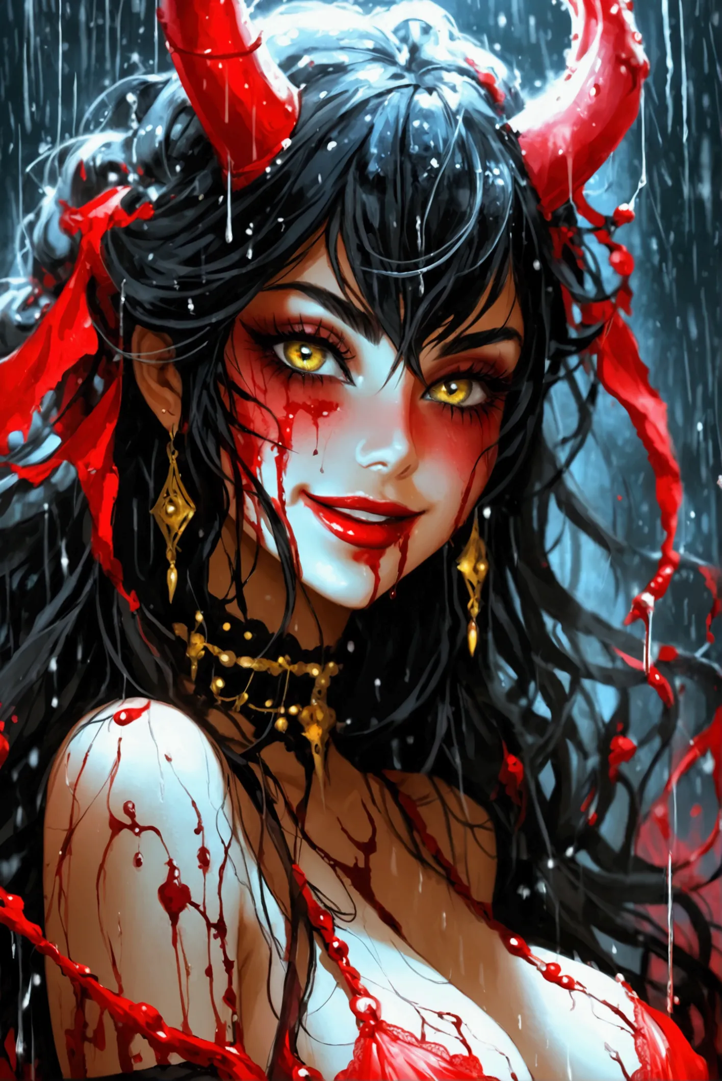 Create an image of a stunningly beautiful perfect  fantasy goddess , Stunningly gorgeous beautiful perfect sexy face, perfect makeup, lipstick, curved eyebrows, long luscious eyelashes, black eyeliner, long luscious hair, smiling teeth showing, craxy eyes,...