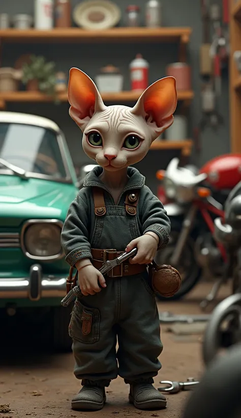 a cute Sphynx cat mechanic wearing a mechanics outfit repairing a car in the background of a mechanics workshop