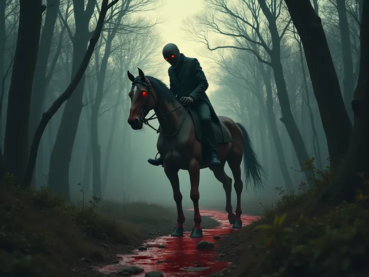  headless horseman covered in blood, freak, Dularan ,  Japanese demon , threatening, monster, surrealist, dark fantasy, dramatic light, by Aitor Throup, forest at dawn