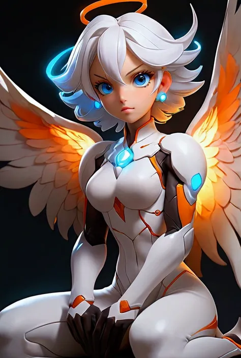 Anime The best quality ,  buluminous muscular masterpiece ,  lower upper body , angelic woman sitting with her knees raised off the floor, ,  white hair   ,  glowing eyes , bright orange exoskeleton costume with bright blue tips,  , rulo de  white hair  az...